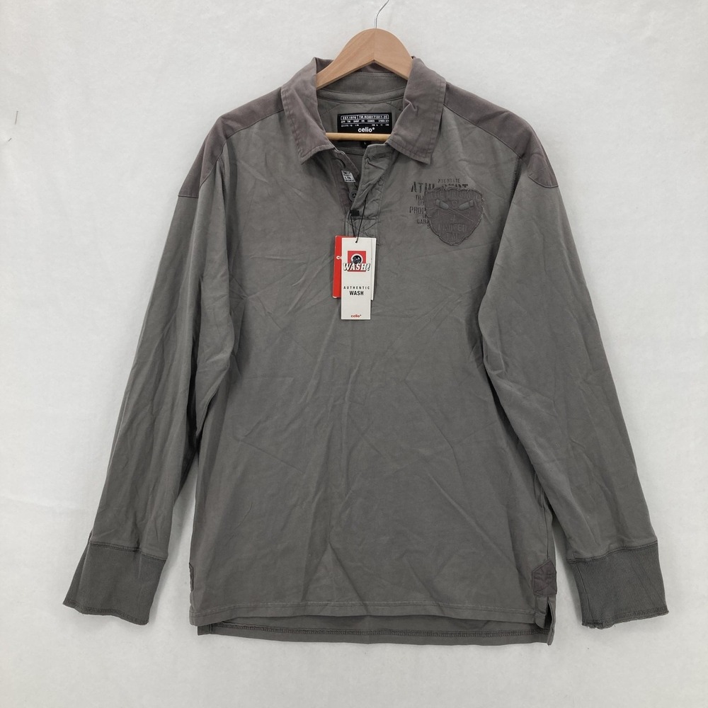 Celio Polo Shirt Mens Large Gray Authentic Wash Long Sleeve Graphic Patch Y2K